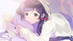 Rule 34 | 1girl, animal hood, blurry, blurry background, bow, cellphone, commentary request, feet up, green eyes, hair bow, holding, holding phone, hood, hood up, hoodie, kate iwana, lips, long hair, long sleeves, love live!, love live! school idol festival, love live! school idol project, lying, nail polish, on stomach, phone, pillow, purple hair, purple nails, red bow, smartphone, solo, tojo nozomi, twintails, white hoodie
