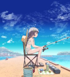 Rule 34 | 1girl, ahoge, bikini, black hair, blue archive, bucket, building, chair, cloud, day, fishing, fishing rod, from side, full body, halo, hat, highres, holding, holding fishing rod, hoshi umi, leaf, leaf on head, long hair, miyu (blue archive), miyu (swimsuit) (blue archive), ocean, outdoors, pier, red eyes, sandals, scissors, shadow, sideways mouth, sitting, solo, starfish, straw hat, swimsuit, thermos, weapon case, white bikini