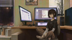 Rule 34 | 1girl, absurdres, artist self-reference, bad id, bad pixiv id, barefoot, brown eyes, brown hair, chair, closed mouth, collarbone, computer, computer tower, crossed legs, drawing tablet, framed, highres, indoors, looking at viewer, monitor, original, peke (shadow105), picture frame, short hair, sitting, sketch, solo, speaker, window, window shadow, windowsill, youtube
