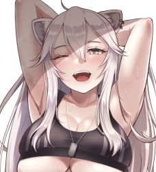 Rule 34 | 1girl, animal ears, armpits, arms behind head, arms up, black sports bra, breasts, collarbone, commentary, ear piercing, eyelashes, grey eyes, hair between eyes, half-closed eye, highres, hololive, lion ears, long hair, looking at viewer, one eye closed, open mouth, piercing, shadow, shishiro botan, shishiro botan (button-down), silver hair, simple background, skindentation, solo, sports bra, sweat, teeth, tinnies, tongue, underboob, upper body, upper teeth only, virtual youtuber