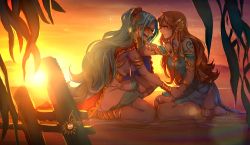Rule 34 | 2girls, artist name, blue dress, blue hair, blush, breasts, brown eyes, brown hair, cape, cherry in the sun, cleavage, collarbone, dress, closed eyes, from side, hair ornament, long hair, medium breasts, multiple girls, nami (one piece), nefertari vivi, off shoulder, one piece, red cape, short dress, sky, sleeveless, sleeveless dress, smile, star (sky), starry sky, sunset, tattoo, very long hair, white dress