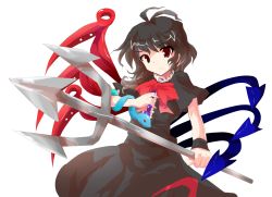 Rule 34 | 1girl, alphes (style), asymmetrical wings, bad id, bad pixiv id, black hair, female focus, highres, houjuu nue, kuroyurihaze, looking at viewer, parody, polearm, red eyes, short hair, smile, snake, solo, spear, style parody, touhou, trident, weapon, wings