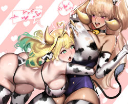 Rule 34 | 2girls, absurdres, ahoge, animal ears, animal print, ass, bell, bikini, blonde hair, blush, breasts, colored inner hair, cow ears, cow girl, cow horns, cow print, cow tail, cowbell, dark elven forest ranger, ear tag, elven forest maker, flower-shaped pupils, green eyes, green hair, heart, heart ahoge, highres, horns, hug, huge breasts, kidmo, last origin, multicolored hair, multiple girls, neck bell, open mouth, purple eyes, swimsuit, symbol-shaped pupils, tail, tears, thighhighs, torn clothes, yuri