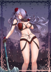 Rule 34 | 1girl, adsouto, axe, breasts, camilla (fire emblem), finger to mouth, fire emblem, fire emblem fates, gluteal fold, hair over one eye, highres, lingerie, long hair, looking at viewer, nintendo, purple hair, solo, thigh gap, underwear