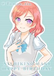 Rule 34 | 1girl, aqua background, artist name, artist request, blue bow, blush, bow, bowtie, collared shirt, female focus, grey vest, hair between eyes, hand on chest, hand on own hip, looking at viewer, love live!, love live! school idol project, nishikino maki, otonokizaka school uniform, parted lips, purple eyes, red hair, school uniform, shirt, short hair, smile, solo, striped, striped bow, tomoe tin, vest, white shirt