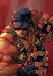 Rule 34 | 1boy, baseball cap, black gloves, blue hat, clark still, closed mouth, explosive, fingerless gloves, gloves, hands up, hat, hungry clicker, male focus, manly, metal slug, muscular, simple background, snk, solo, sunglasses, the king of fighters, topless male, upper body, vest