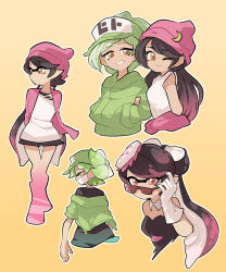 Rule 34 | + +, 2girls, ;), adjusting eyewear, adjusting glasses, arm behind back, arm grab, baseball cap, beanie, black hair, black shirt, black shorts, brown eyes, callie (splatoon), closed mouth, clothes around waist, commentary, cousins, crescent, cropped torso, detached collar, english commentary, food, food on head, gloves, gomipomi, gradient hair, green hair, green headwear, green jacket, grey hair, grin, hands in pockets, hat, hat ornament, hood, hoodie, humanization, inkling, jacket, jacket around waist, long hair, looking at viewer, looking over eyewear, looking over glasses, looking to the side, low twintails, marie (splatoon), mask, mole, mole under eye, mouth mask, multicolored hair, multiple girls, nintendo, object on head, off shoulder, one eye closed, orange background, outline, pink-tinted eyewear, pink-tinted glasses, pointy ears, ponytail, purple hair, purple headwear, purple jacket, shirt, short eyebrows, short hair, short shorts, shorts, smile, squidbeak splatoon, strapless, sunglasses, surgical mask, tank top, tentacle hair, tinted eyewear, twintails, white gloves, white outline, white shirt