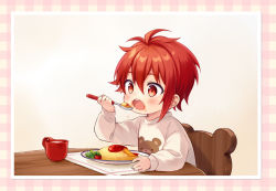 Rule 34 | 1boy, aged down, chair, child, eating, food, glass, idolish7, ima (luce365), long sleeves, nanase riku, omelet, omurice, open mouth, plate, red eyes, red hair, short hair, spoon, table, wooden chair, wooden table