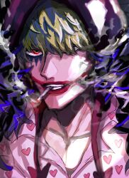 Rule 34 | 1boy, a00xm, blonde hair, cape, cigarette, close-up, commentary, donquixote rocinante, fur cape, hair over one eye, heart, heart print, highres, hood, looking at viewer, makeup, male focus, one piece, pink shirt, red eyes, red lips, shirt, smoke, solo, upper body