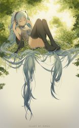Rule 34 | 1girl, absurdly long hair, aqua hair, aqua necktie, artist name, backlighting, bare shoulders, black footwear, black skirt, black thighhighs, boots, breasts, cable, closed eyes, closed mouth, collared shirt, detached sleeves, eyebrows, full body, grey shirt, hair ornament, hatsune miku, headphones, knees up, leaning back, legs together, listening to music, long hair, long sleeves, md5 mismatch, medium breasts, necktie, plant, rimuu, shirt, sitting, skirt, sleeveless, sleeveless shirt, smile, solo, thigh boots, thighhighs, very long hair, vocaloid, wide sleeves, wing collar