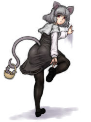 Rule 34 | 1girl, adjusting footwear, animal ears, back, basket, black pantyhose, dress, female focus, grey hair, hand on wall, highres, holding, holding with tail, kuro suto sukii, leg lift, mouse (animal), mouse ears, mouse tail, nazrin, pantyhose, prehensile tail, red eyes, short hair, simple background, solo, standing, standing on one leg, tail, touhou, white background