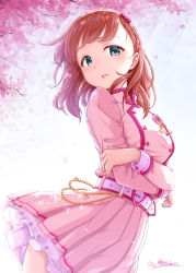 Rule 34 | 1girl, belt, blue eyes, blush, bow, brown hair, buttons, chain, cherry blossoms, chiyosuke (nosuke21), commentary, corsage, cowboy shot, crossed arms, dress, flower, flower ornament, gold chain, hair bow, hairband, heart belt, highres, idolmaster, idolmaster cinderella girls, idolmaster cinderella girls starlight stage, jewelry, kira! mankai smile, long sleeves, looking at viewer, parted lips, petals, pink dress, ribbon, sakuma mayu, sleeve cuffs, solo, twitter username