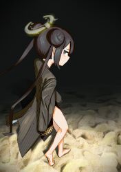 Rule 34 | 1girl, absurdres, bare legs, barefoot, black coat, black dress, black gloves, black hair, blue archive, braid, coat, commentary, dragon print, dress, english commentary, gloves, halo, highres, kisaki (blue archive), long hair, looking at viewer, night, no shoes, outdoors, sand, sideways glance, solo, twin braids, twintails, very long hair, walking, yinmizuhare