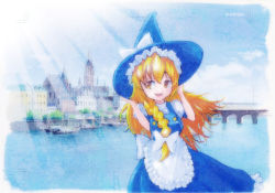 Rule 34 | 1girl, apron, bad id, bad pixiv id, blonde hair, blue theme, braid, bridge, buttons, cloud, day, dress, female focus, hair ribbon, hand on headwear, hat, kirisame marisa, long hair, mayo riyo, nature, outdoors, painting (medium), ribbon, river, sky, smile, solo, touhou, town, traditional media, witch, witch hat, yellow eyes