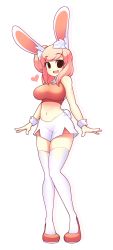 Rule 34 | 1girl, absurdres, animal ears, black eyes, blush, breasts, crop top, fiz (fizintine), fizintine, full body, hair bun, heart, highres, large breasts, looking at viewer, navel, open mouth, original, pink hair, rabbit ears, rabbit girl, rabbit tail, red footwear, short hair, short shorts, shorts, simple background, single hair bun, sleeveless, smile, solo, swept bangs, tail, teeth, thighhighs, upper teeth only, white shorts, white thighhighs, wrist cuffs