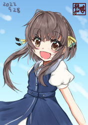 Rule 34 | 1girl, absurdres, artist logo, black hair, blue dress, blue sky, brown eyes, cloud, commentary request, dated, dress, gloves, grey sailor collar, highres, kantai collection, looking at viewer, one-hour drawing challenge, open mouth, sailor collar, shirt, shizuwa akira, short hair, short hair with long locks, sky, smile, solo, ukuru (kancolle), white gloves, white shirt