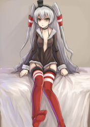 Rule 34 | 10s, 1girl, absurdres, amatsukaze (kancolle), bed, breasts, brown eyes, choker, dress, feet, fuuko chan, garter straps, hair tubes, hairband, highres, kantai collection, long hair, looking at viewer, no shoes, open clothes, open dress, red thighhighs, sailor dress, school uniform, serafuku, short dress, silver hair, sitting, small breasts, solo, striped clothes, striped thighhighs, thighhighs, two side up, zettai ryouiki