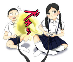 Rule 34 | &gt;:(, 1boy, 1girl, artist request, black hair, blank eyes, blush, child, controller, fart, game controller, grey eyes, indian style, long hair, playing games, school uniform, sitting, skirt, smell, socks, surprised, twintails