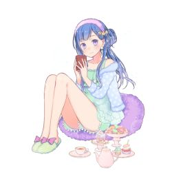 Rule 34 | 1girl, artist request, blue hair, book, cup, full body, holding, holding book, legs together, long hair, plate, rinboshi riona, saucer, sitting, slippers, smile, solo, teacup, teapot, transparent background, uchi no hime-sama ga ichiban kawaii