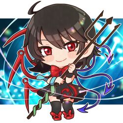 Rule 34 | 1girl, ahoge, asymmetrical wings, black dress, black hair, black thighhighs, blue background, blue wings, blush, bow, bowtie, buttons, chibi, closed mouth, commentary request, dress, footwear bow, full body, holding, holding polearm, holding weapon, houjuu nue, letterboxed, looking at viewer, outline, outside border, pointy ears, polearm, red bow, red bowtie, red eyes, red footwear, red wings, sasaba enu, short hair, short sleeves, smile, snake, solo, standing, thighhighs, tomoe (symbol), touhou, trident, weapon, white outline, wings