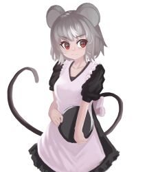 Rule 34 | 1girl, absurdres, alternate costume, animal ears, apron, black dress, blush, breasts, clip studio paint (medium), closed mouth, commentary request, cowboy shot, dress, enmaided, grey hair, highres, holding, holding plate, lenserd, looking at viewer, maid, medium breasts, mouse ears, mouse girl, mouse tail, nazrin, pink apron, plate, red eyes, short hair, short sleeves, simple background, smile, solo, tail, touhou, white background