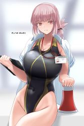 Rule 34 | 1girl, bare shoulders, black one-piece swimsuit, blurry, blurry background, braid, breasts, clipboard, collarbone, competition swimsuit, covered navel, dress shirt, fate/grand order, fate (series), florence nightingale (fate), folded ponytail, gachou, highleg, highleg swimsuit, highres, hip focus, huge breasts, lanyard, long hair, looking at viewer, megaphone, one-piece swimsuit, open clothes, open shirt, pink hair, shirt, shirt on shoulders, single braid, solo, swimsuit, thighs, translation request, two-tone swimsuit, white shirt, yellow one-piece swimsuit