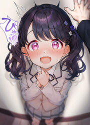 Rule 34 | 1boy, 1girl, black hair, blurry edges, blush, commentary, commentary request, dot nose, duplicate, fangs, flower, fukumaru koito, grey jacket, grey skirt, hair flower, hair ornament, hand on wall, hands on own chest, height difference, highres, idolmaster, idolmaster shiny colors, indoors, jacket, kabedon, long hair, long sleeves, looking at viewer, open mouth, own hands together, pink eyes, pixel-perfect duplicate, pleated skirt, pov, producer (idolmaster), qianlou (qianlou12374), school uniform, skin fangs, skirt, surprised, sweat, translation request, trembling, twintails, wavy hair, wooden floor