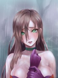 Rule 34 | 1girl, :o, artist name, bare shoulders, bare tree, blush, breasts, brown hair, choker, cleavage, collarbone, flame master nyx, gloves, green eyes, hair between eyes, hand on own chest, highres, large breasts, long hair, looking at viewer, nyx (queen&#039;s blade), nyx (queen's blade), outdoors, plant, purple gloves, queen&#039;s blade, rain, round teeth, solo, tasselcat, teeth, tree, upper body, very long hair, water, watermark, web address, wet