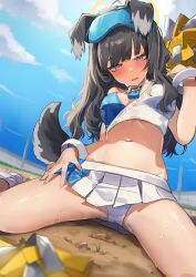 Rule 34 | 1girl, absurdres, animal ears, bare shoulders, black hair, blue archive, blue eyes, blue sky, blurry, blush, breasts, cloud, day, deitaku, dog ears, dog girl, dog tail, goggles, goggles on head, halo, hibiki (blue archive), hibiki (cheer squad) (blue archive), highres, holding, holding pom poms, long hair, looking at viewer, midriff, millennium cheerleader outfit (blue archive), miniskirt, navel, official alternate costume, on ground, outdoors, panties, pleated skirt, pom pom (cheerleading), pom poms, sitting, skirt, sky, small breasts, solo, spread legs, sweat, tail, thighs, underwear, white panties, white skirt, yellow halo