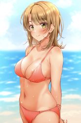 Rule 34 | 1girl, absurdres, areola slip, arms behind back, bikini, blurry, blurry background, blush, breasts, brown eyes, brown hair, closed mouth, commentary request, cowboy shot, day, depth of field, highres, isshiki iroha, kitaku (nakamachi machi), large breasts, looking at viewer, medium breasts, navel, ocean, outdoors, pink bikini, short hair, smile, solo, standing, swimsuit, water, wet, yahari ore no seishun lovecome wa machigatteiru.