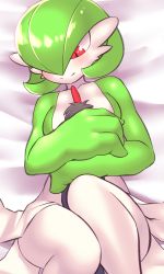 Rule 34 | 1boy, 1girl, alpha pokemon, bed sheet, blush, bob cut, breasts, closed mouth, collarbone, colored skin, creatures (company), from above, game freak, gardevoir, gen 3 pokemon, green hair, green skin, hair over one eye, happy, hetero, highres, hug, interspecies, legs, looking at another, looking down, lying, medium breasts, multicolored skin, nintendo, on back, one eye covered, pero (pero7762), pokemon, pokemon (creature), short hair, size difference, smile, solo focus, split mouth, two-tone skin, white skin, wide hips