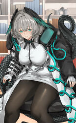 Rule 34 | 1girl, aqua eyes, aqua nails, arknights, black pantyhose, blazingchaos, bookshelf, coat, commentary, dress, feet out of frame, fingerless gloves, gloves, grey hair, head wings, highres, ho&#039;olheyak (arknights), long sleeves, looking at viewer, nail polish, open clothes, open coat, pantyhose, pencil dress, short dress, short hair, sitting, smile, snake tail, solo, tail, thighs, white dress, white gloves, wings