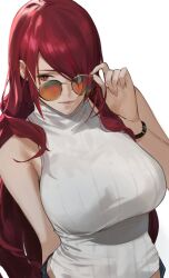 1girl adjusting_eyewear breasts closed_mouth hair_over_one_eye hand_on_eyewear highres j@ck kirijou_mitsuru large_breasts long_hair looking_at_viewer persona persona_3 red_eyes red_hair sleeveless sleeveless_turtleneck solo sunglasses sweater turtleneck turtleneck_sweater white_background white_sweater