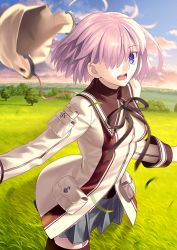 Rule 34 | 1girl, beige headwear, brown hat, brown ribbon, cloud, fate/grand order, fate (series), field, grass, grey skirt, hair over one eye, hat, jacket, looking at viewer, lostroom outfit (fate), mash kyrielight, mash kyrielight (lostroom outfit), neck ribbon, official alternate costume, official art, open mouth, pleated skirt, pocket, purple eyes, purple hair, ribbon, short hair, skirt, smile, solo, standing, takeuchi takashi, thighhighs, tree, unworn headwear, zettai ryouiki
