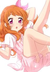 Rule 34 | 1girl, :o, aikatsu!, aikatsu! (series), bare legs, blush, bow, dress, feet out of frame, hair bow, highres, legs up, long hair, looking at viewer, ozora akari, orange hair, parted lips, pink bow, pink dress, pink eyes, sekina, short sleeves, simple background, solo, white background