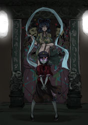 Rule 34 | 2girls, bare arms, blouse, blue eyes, blue hair, chisel, clenched hands, closed mouth, collared vest, dark, dress, expressionless, full body, glowing, glowing eyes, hair ornament, hair rings, hair stick, hand on own knee, hand up, hat, highres, indoors, jiangshi, kaku seiga, kourou (kouroukun), light smile, lips, looking at viewer, miyako yoshika, multiple girls, ofuda, outstretched arms, own hands together, pale skin, parted lips, puffy short sleeves, puffy sleeves, purple eyes, shawl, shirt, short hair, short sleeves, sitting, sketch, skirt, standing, star (symbol), touhou, vest, wing collar