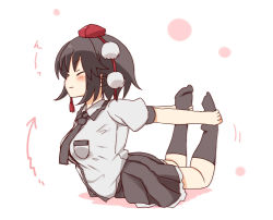 Rule 34 | 1girl, black hair, black skirt, black socks, closed eyes, closed mouth, collared shirt, from side, full body, hat, kneehighs, looking at viewer, pom pom (clothes), red eyes, red hat, shameimaru aya, shirt, short hair, simple background, skirt, socks, solo, stretching, tokin hat, totoharu (kujirai minato), touhou, white background, white shirt