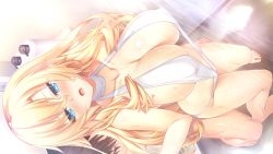 Rule 34 | 1girl, aqua eyes, barefoot, bath, bathing, bathroom, blonde hair, blue eyes, blush, bottle, breasts, cleavage, covered erect nipples, feet, floor, from above, game cg, highres, huge breasts, iris december uncry, legs, legs together, long hair, looking at viewer, nora to oujo to noraneko heart 2, one-piece swimsuit, oozora itsuki, open mouth, original, shower, solo focus, standing, steam, swimsuit, thighs, toes, water, wet, white one-piece swimsuit