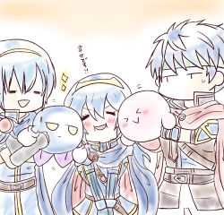 Rule 34 | &gt; &lt;, 1girl, 4boys, = =, armor, artist request, belt, blue hair, blush, cape, closed eyes, fingerless gloves, fire emblem, fire emblem: mystery of the emblem, fire emblem: path of radiance, fire emblem awakening, gloves, ike (fire emblem), kirby, kirby (series), long hair, lowres, lucina (fire emblem), marth (fire emblem), meta knight, multiple boys, nintendo, open mouth, pauldrons, ribbed sweater, short hair, shoulder armor, shoulder pads, smile, super smash bros., sweatdrop, sweater, tiara, translated, yellow eyes