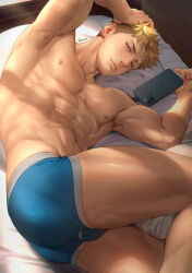 Rule 34 | 1boy, abs, ass, bara, bed, blonde hair, blue male underwear, highres, large pectorals, looking at viewer, luca (mondi hl), lying, male focus, male underwear, mondi hl, muscular, muscular male, navel, nipples, on bed, on side, one eye closed, original, pectorals, phone, short hair, solo, thick thighs, thighs, twitter username, underwear