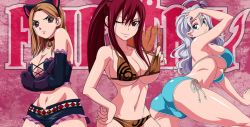 Rule 34 | 3girls, admontanheiro, ass, bikini, blue eyes, breasts, cleavage, erza scarlet, fairy tail, large breasts, long hair, looking at viewer, lucy heartfilia, midriff, mirajane strauss, multiple girls, navel, ponytail, red hair, swimsuit, underboob