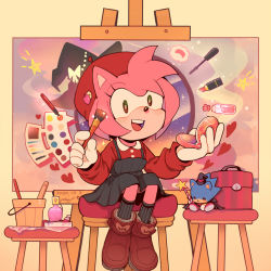 Rule 34 | 1girl, aimf, amy rose, animal ears, animal nose, artist name, beret, black dress, black socks, blush, body fur, bottle, box, brown footwear, bucket, buttons, canvas (object), character doll, collared dress, color guide, cosmetics, dated, dress, easel, english text, eyelash curler, female focus, flat chest, furry, furry female, gloves, green eyes, hand mirror, hands up, happy, hat, heart, holding, holding brush, holding mirror, light blush, lipstick tube, long sleeves, looking at viewer, makeup brush, mirror, nail polish bottle, on stool, open mouth, painting (object), perfume bottle, pinafore dress, pink fur, pink hair, red hat, red shirt, shirt, shoes, short hair, sidelocks, signature, simple background, sitting, sleeveless, sleeveless dress, smile, socks, solo, sonic (series), sonic the hedgehog, sparkle, spray bottle, star (symbol), stool, stuffed toy, teeth, wand, white gloves, wide-eyed, yellow eyes