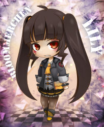 Rule 34 | 1girl, ahoge, ascot, black jacket, black skirt, blood, blood on face, blush, bracelet, brown hair, checkered floor, chibi, clenched hand, clenched teeth, hi-pain, highres, jacket, jewelry, lily bloomerchen, no nose, pantyhose, pleated skirt, shirt, skirt, solo, soulworker, spiked bracelet, spikes, teeth, twitter username, white shirt, yellow ascot, yellow footwear