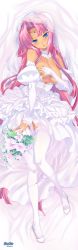 Rule 34 | 1girl, blue eyes, blush, bouquet, breasts, breasts out, clothes lift, covering privates, covering breasts, covering crotch, dakimakura (medium), dark-skinned female, dark skin, detached sleeves, dress, dress lift, flower, high heels, hikage eiji, koihime musou, long hair, lying, on back, panties, panty pull, pink hair, shoes, solo, sonken, thighhighs, underwear, veil, very long hair, wedding dress