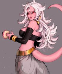 Rule 34 | 1girl, :p, absurdres, android 21, artist name, bad id, bad tumblr id, bare shoulders, black nails, black sclera, bracelet, breasts, colored sclera, colored skin, commentary, detached sleeves, doughnut, dragon ball, dragon ball fighterz, earrings, fang, food, food on face, from side, grey background, highres, hoop earrings, jewelry, long hair, looking at viewer, majin android 21, matilda fiship, nail polish, penetration gesture, pink skin, pointy ears, red eyes, sexually suggestive, simple background, solo, strapless, tail, tongue, tongue out, tube top, white hair