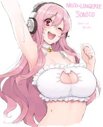 Rule 34 | 1girl, 2016, ;d, arm up, armpits, bell, neck bell, blush, breasts, cat cutout, cat lingerie, character name, choker, cleavage, cleavage cutout, clothing cutout, collar, dated, headphones, highres, jingle bell, large breasts, long hair, looking at viewer, meme attire, nitroplus, one eye closed, open mouth, pink eyes, pink hair, simple background, sketch, smile, solo, super sonico, underwear, underwear only, wavy hair, white background, whoosaku