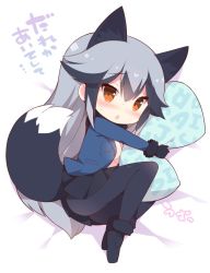 Rule 34 | 10s, 1girl, :o, animal ears, bad id, bad twitter id, black gloves, black pantyhose, black skirt, blush, chibi, commentary, fetal position, fox ears, fox tail, full body, fur-trimmed sleeves, fur trim, gloves, grey hair, jacket, kemono friends, long hair, long sleeves, looking at viewer, lying, hugging object, on side, open clothes, open jacket, orange eyes, pantyhose, pillow, pillow hug, plantar flexion, pleated skirt, silver fox (kemono friends), skirt, solo, tail, translation request, watanon (gakushokutei), white background