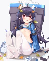 Rule 34 | 1girl, absurdres, animal ears, blue archive, blush, breasts, clothes lift, fake animal ears, feet, female focus, full body, gun, halo, headband, highres, holding, knee pads, leaf, leaf on head, lifting own clothes, long hair, long sleeves, looking at viewer, miyu (blue archive), nipples, no shoes, pantyhose, rabbit ears, rifle, sailor collar, school uniform, serafuku, shirt lift, shoes, unworn shoes, single knee pad, sitting, small breasts, sneakers, soles, solo, thighband pantyhose, thighs, trash can, weapon, white footwear, white pantyhose, yuki kokoro