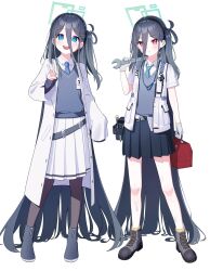 Rule 34 | &lt;key&gt; (blue archive), 2girls, absurdly long hair, absurdres, alternate costume, aris (blue archive), black hairband, blue archive, blue hair, blue necktie, blush, collared shirt, commentary request, cosplay, dark blue hair, full body, gloves, green halo, grey gloves, hair between eyes, hairband, halo, highres, jacket, lab coat, long bangs, long hair, long sleeves, looking at viewer, millennium science school student (blue archive), millennium science school student (blue archive) (cosplay), multiple girls, necktie, one side up, open mouth, pantyhose, pleated skirt, revision, ringed eyes, school uniform, shirt, siblings, sidelocks, simple background, skirt, standing, supersugar, sweater, toolbox, twins, v, very long hair, white background, wrench