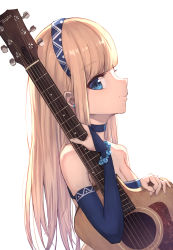 Rule 34 | 1girl, absurdres, bare shoulders, bead bracelet, beads, blonde hair, blue choker, blue dress, blue eyes, blue hairband, blunt bangs, bracelet, breasts, bridal gauntlets, choker, cleavage, closed mouth, commentary request, dress, fingernails, guitar, hairband, highres, holding, holding instrument, instrument, jewelry, long hair, looking at viewer, looking to the side, masaki (msk064), medium breasts, original, profile, simple background, solo, strapless, strapless dress, upper body, very long hair, white background